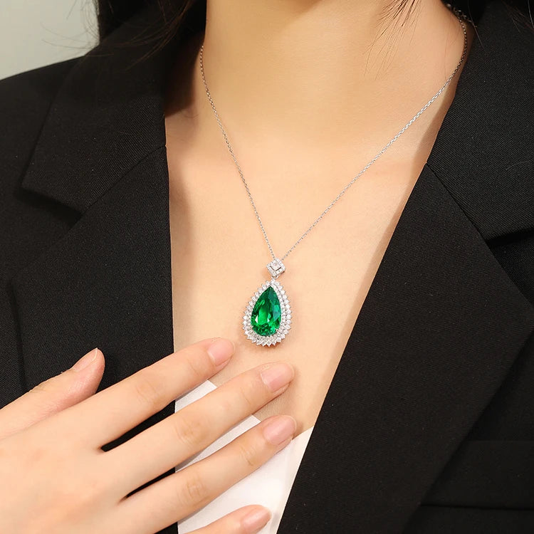 Gemfiori Light Luxury 40+5cm Adjustable 14kt 18k Solid Gold Emerald Gemstones Teardrop Necklace