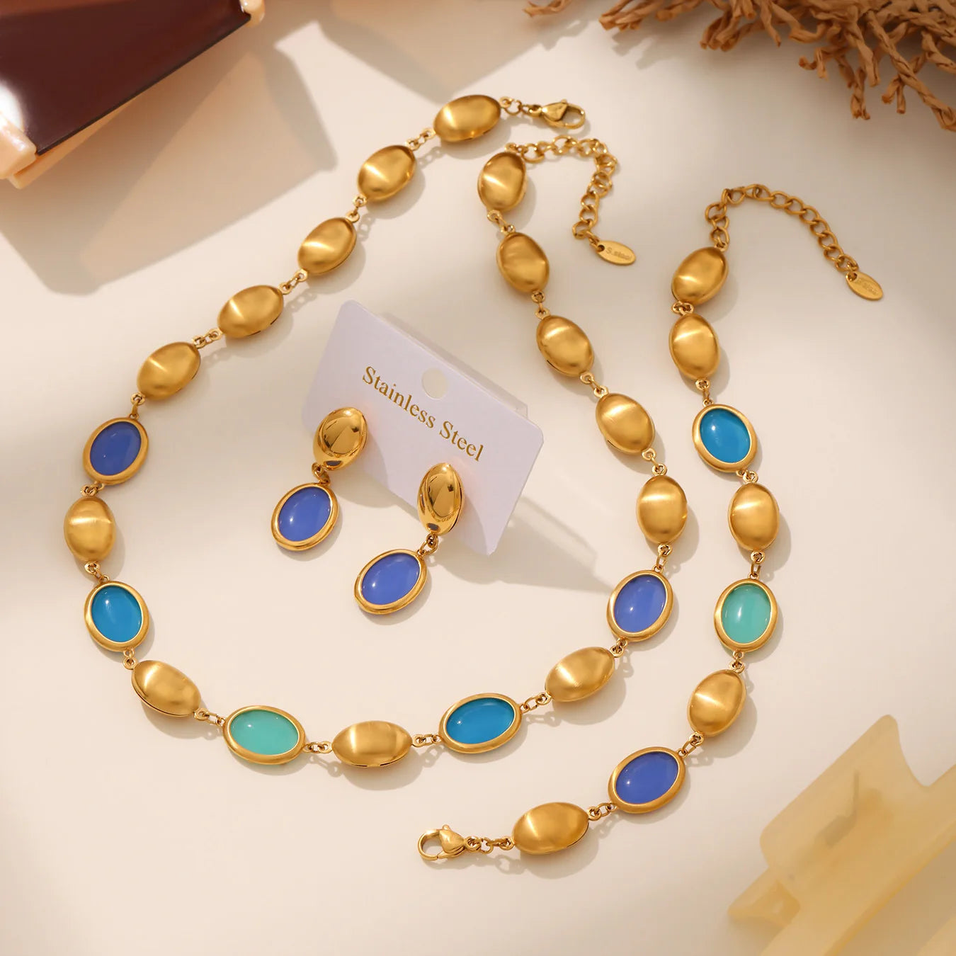 Natural Oval Opal Necklace, Bracelet & Earrings Jewellery Set | Bohemian Gold Plated Stainless Steel Set