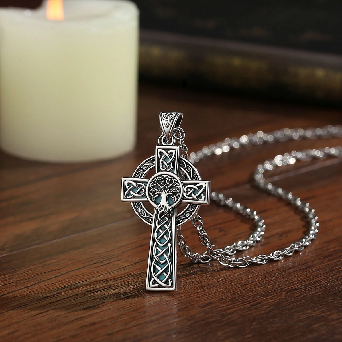 REBEL VIKING Celtic Cross & Tree of Life Pendant – Antiqued Silver & Turquoise
