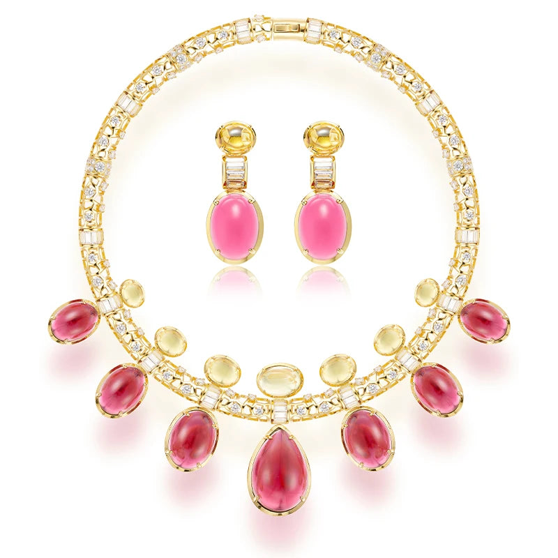 Retro Exaggerated Red Bead Hollow Necklace Earring Set Made of Brass Material Skin Friendly Women's Dress Accessories