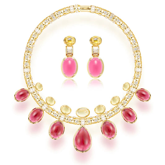 Retro Exaggerated Red Bead Hollow Necklace Earring Set Made of Brass Material Skin Friendly Women's Dress Accessories