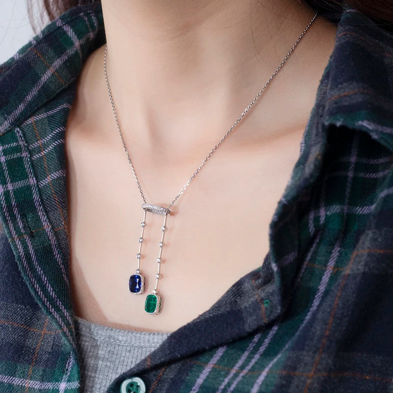 Messi Jewelry MSN-700 18K White Gold Lab Sapphire Lab Emerald Custom Chain Pendant
