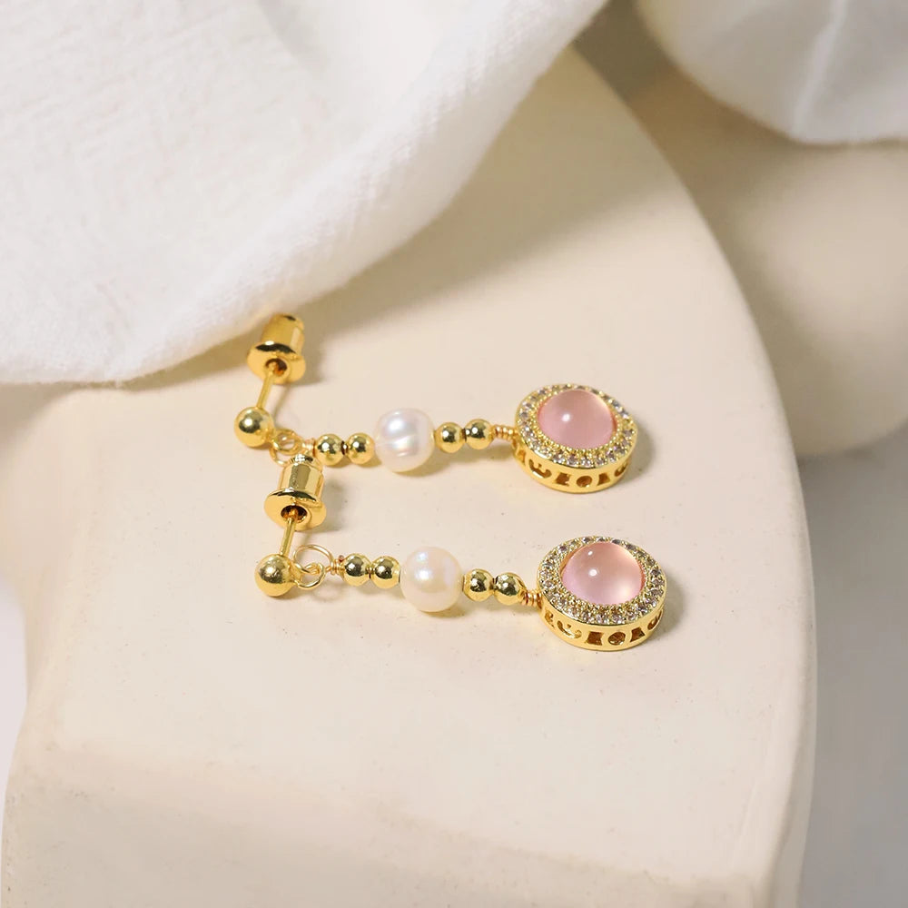 Natural Freshwater Pearl Inlaid Pink Crystal Gold Bead Earrings Korean Style Women Luxury Jewelry Fashion Ladies Gift GE1548