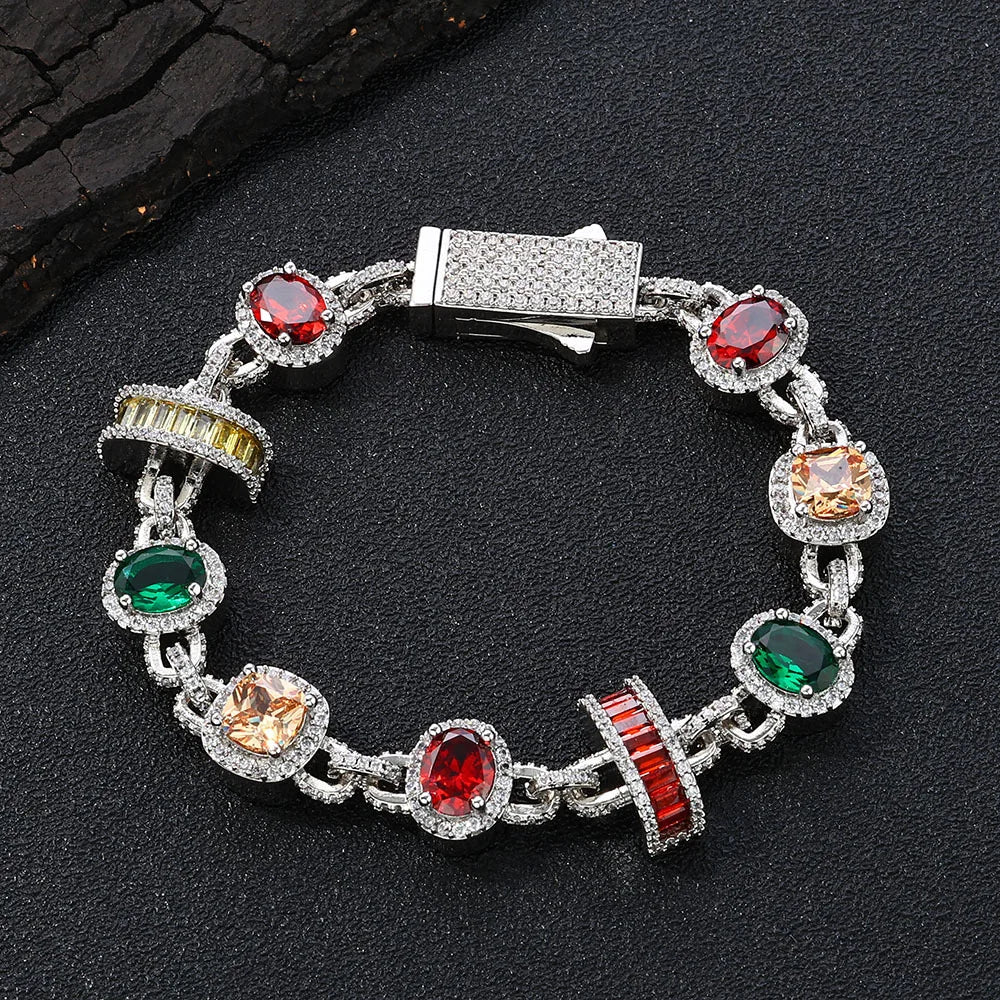 FASHIONISTA Hip Hop Style Colorful Gemstone Bracelet Sparkling Zircon Chain Unisex Gold Plated Brass Charm Bracelet Fashion for Men Women