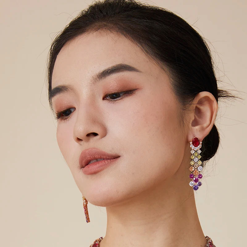 Rainbow High-End Jewelry Dubai Set Exaggerated India Zircon Double-Layer Necklace Long Earrings Trendy Women's Gifts Engagements