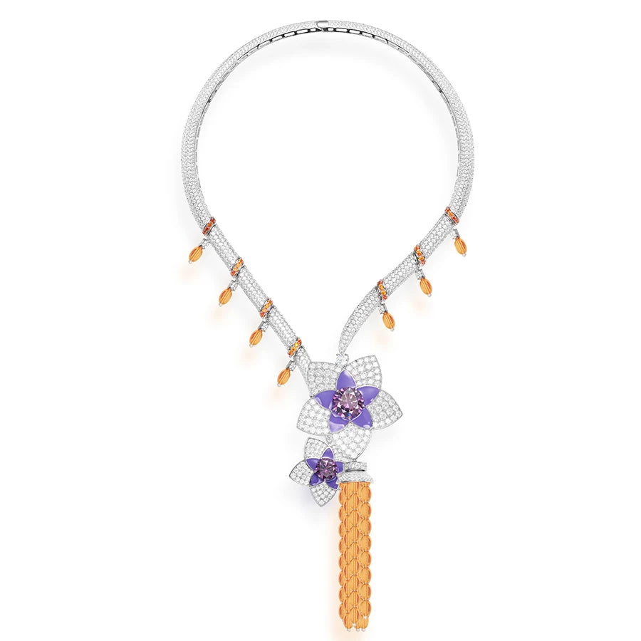 Four Flower Tassel Necklace Earring Set Brass Enamel Craftsmanship Retro Luxury Women's Evening Dress Jewelry