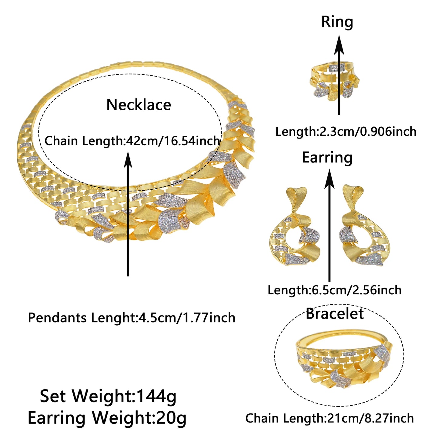 Zhuerrui New Designer Jewelry Set Exquisite Woven Metal Chain Nigerian Noble Lady Mother's Day Necklace Bracelet Ring Earrings