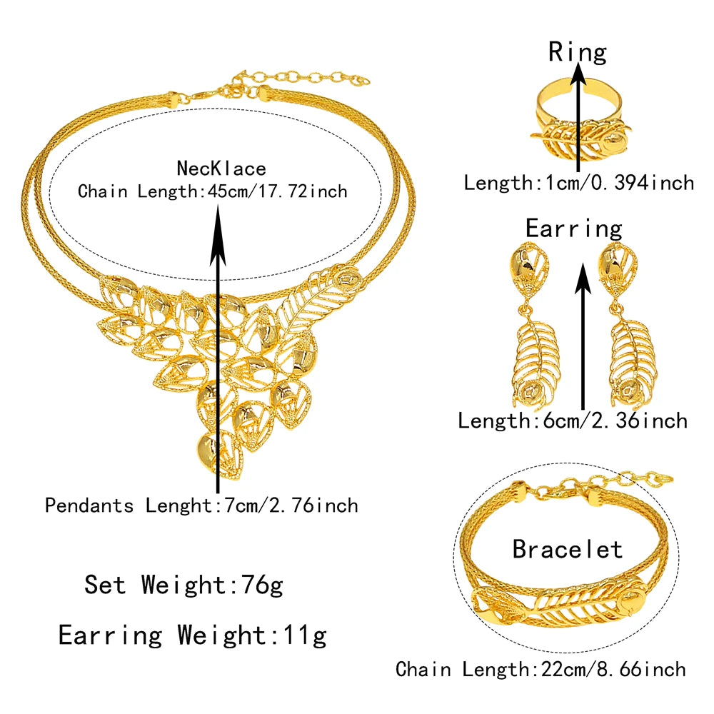 Zhuerrui New Arrival Leaf Design Gold Plated Jewelry Set Women Bride Prom Fashion Necklace Earrings Bracelet Set  X007730