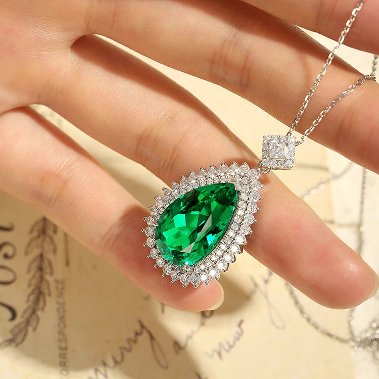 Gemfiori Light Luxury 40+5cm Adjustable 14kt 18k Solid Gold Emerald Gemstones Teardrop Necklace