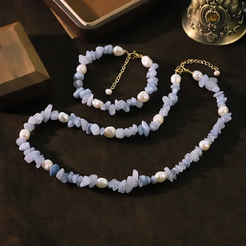 Natural Freshwater Pearl Blue Natural Stone Jewelry  Set for Women Festivals  Necklace Bracelet Set for Women Bohemian Jewelry