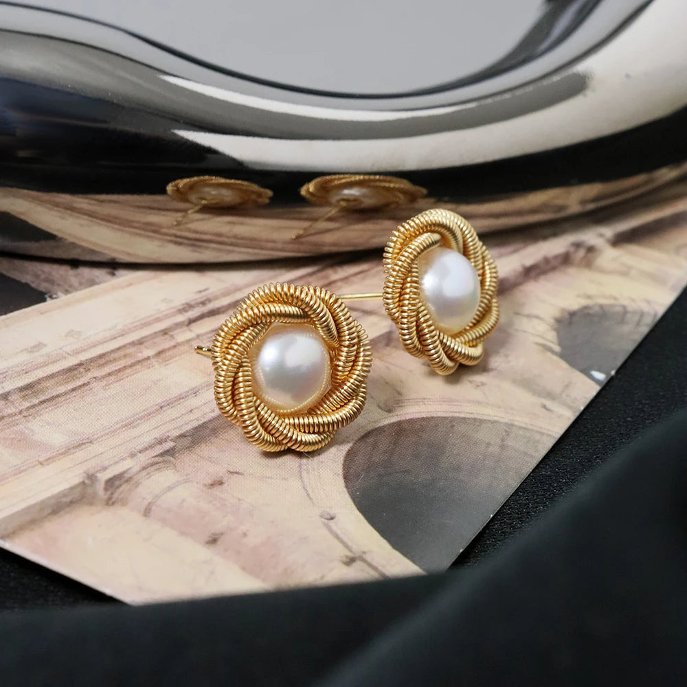 Natural Freshwater Pearl Gold Wire Lace Earrings Korean Style Women Luxury Jewelry Fashion Ladies and Girls Gift GE1566