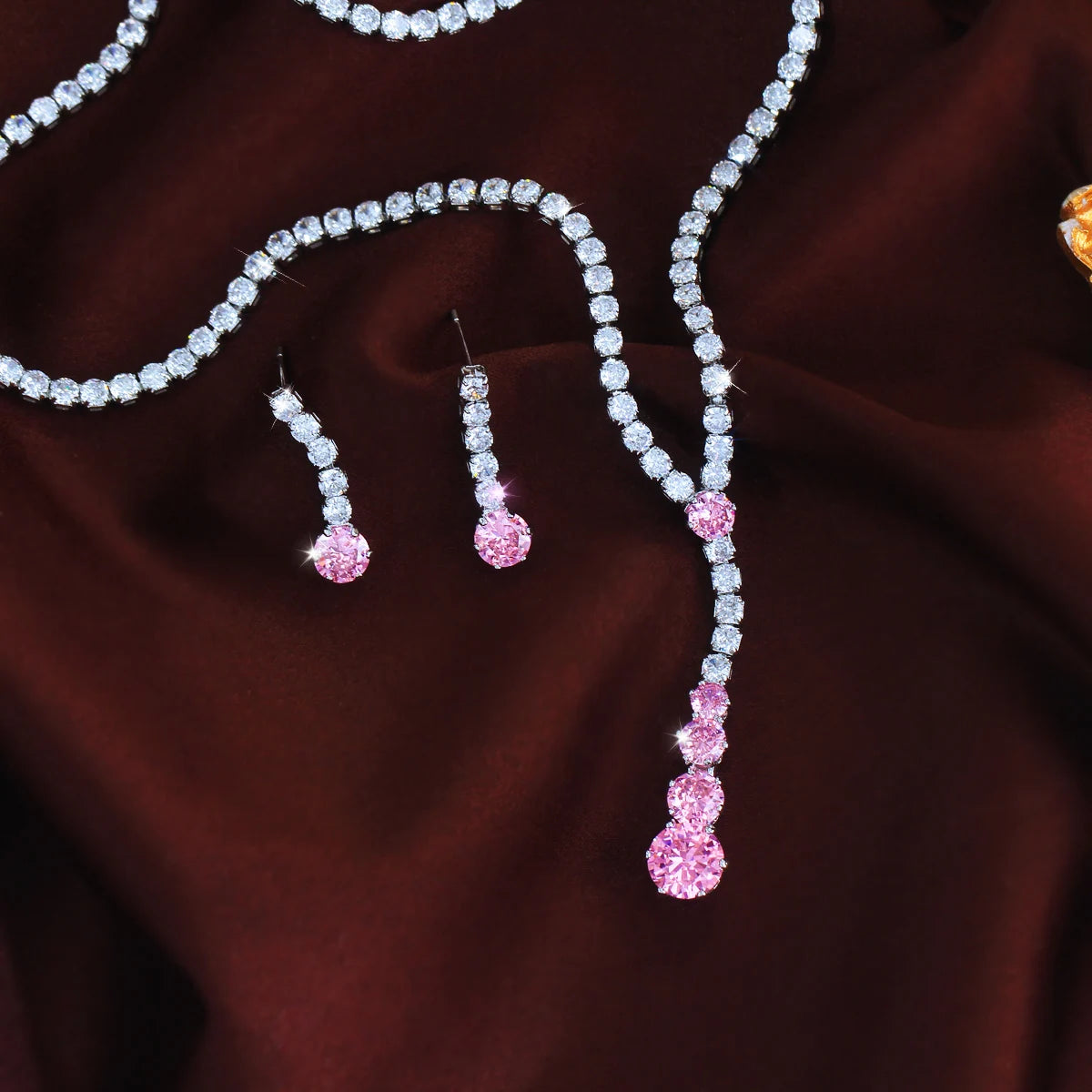 Charming CZ Jewelry Set Long Round Tennis Brilliant Cut Pink Zircon Necklace Earring Rhodium Plated CZ Women Wedding Jewelry Set