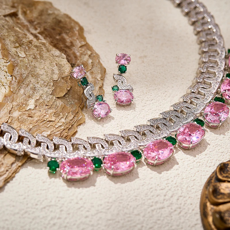 Exquisite Pink Zircon Bride Set S-shaped Full Diamond Necklace Earrings High End Customized Important Occasion Festival Jewelry