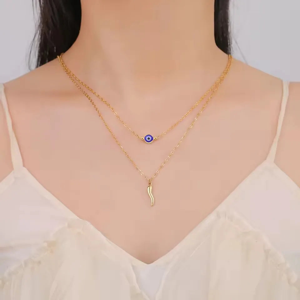 Blue Bamboo Necklace Stainless Steel Gold Plated Trendy Unisex Sporty Good Luck Jewelry Gift