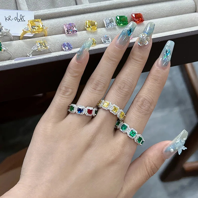 SILVERELLI Grandmother Emerald Square Diamond Ring | 925 Sterling Silver | Platinum Plated