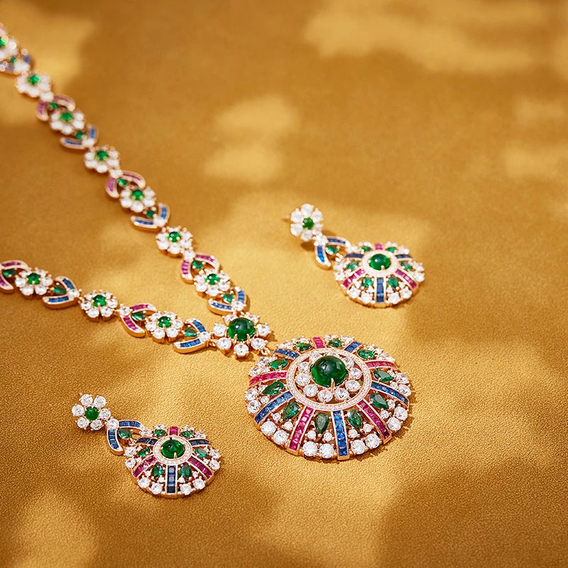 Classic Fashion Jewelry Set Necklace Earrings Inlaid with Colorful Cubic Zirconia Paired with Anniversary Gift