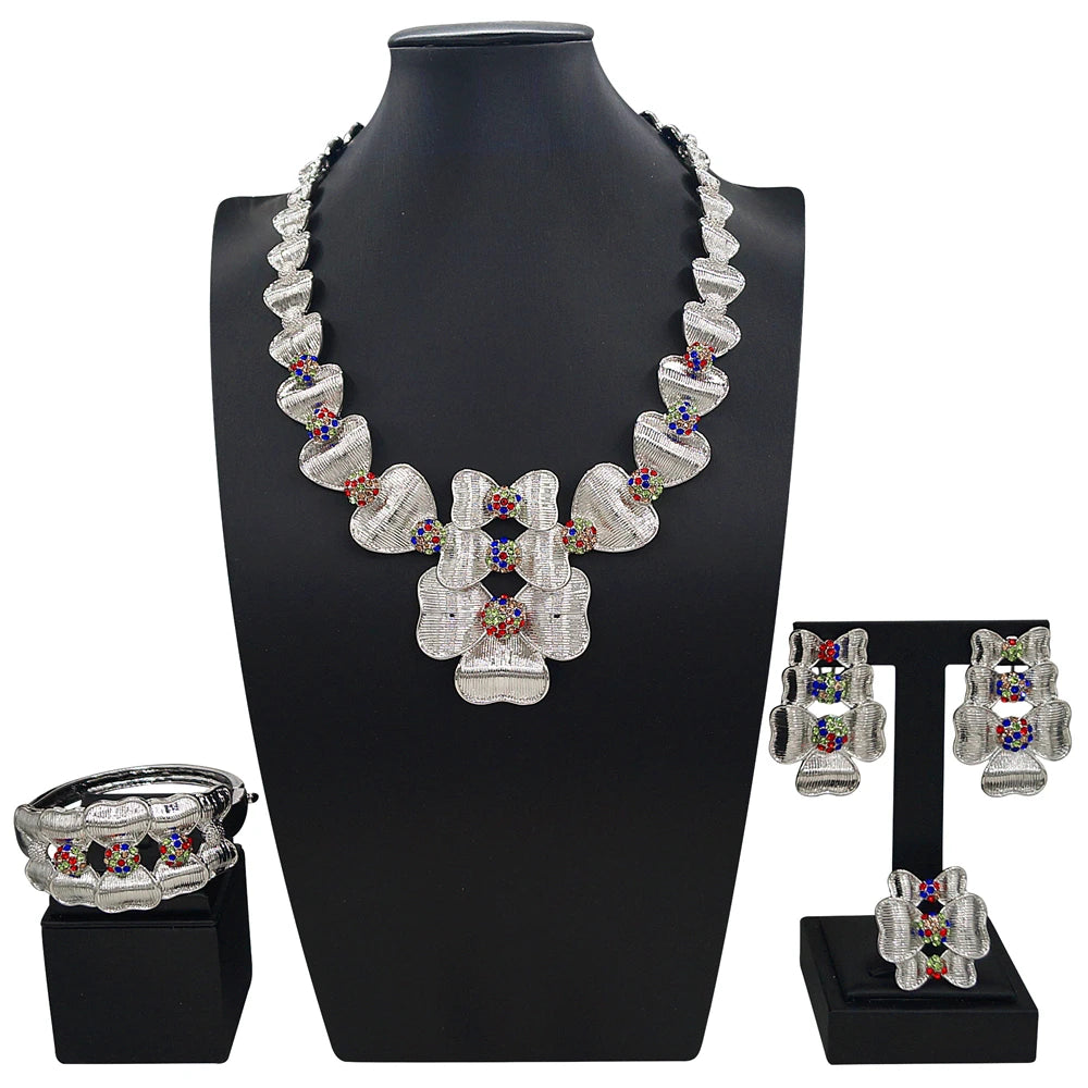 Zhuerrui Handmade Gold Plated Jewelry Set Retro Flower Design Necklace Earring Bracelet Set for Bridal Wedding Party I008520-2