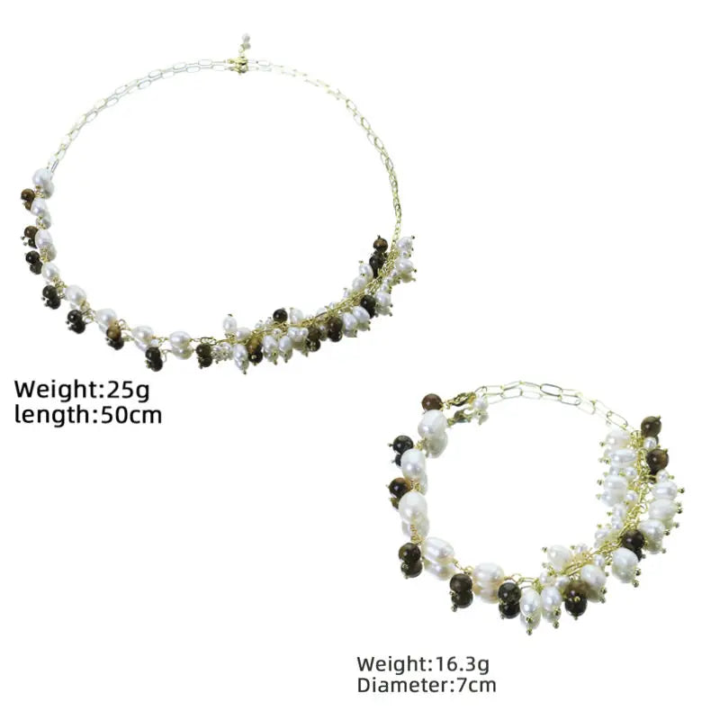Natural Pearl Tiger Eye Stone Chain Bracelet Necklace Set Luxurious Design Jewelry Set for Banquet Gifts for Women GS0222