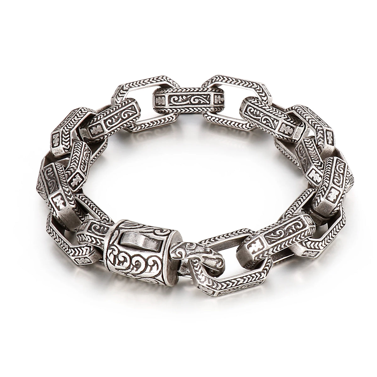 VIKING Mens Vintage Geometric Chain Bracelet – Silver & Ancient Silver Stainless Steel