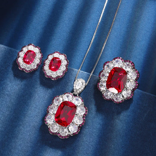 Gemfiori New Product Temperament Korean Luxury Group Set with Zircon Pomegranate Red Pendant Earrings Adjustable Ring Fashionable Set