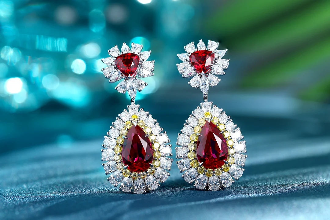 Gemfiori Vintage Jewelry Sets for Women Rings Necklace Earrings Lab Grown Ruby Luxury Bridal Jewelry Set Engagement Wedding Gift Party