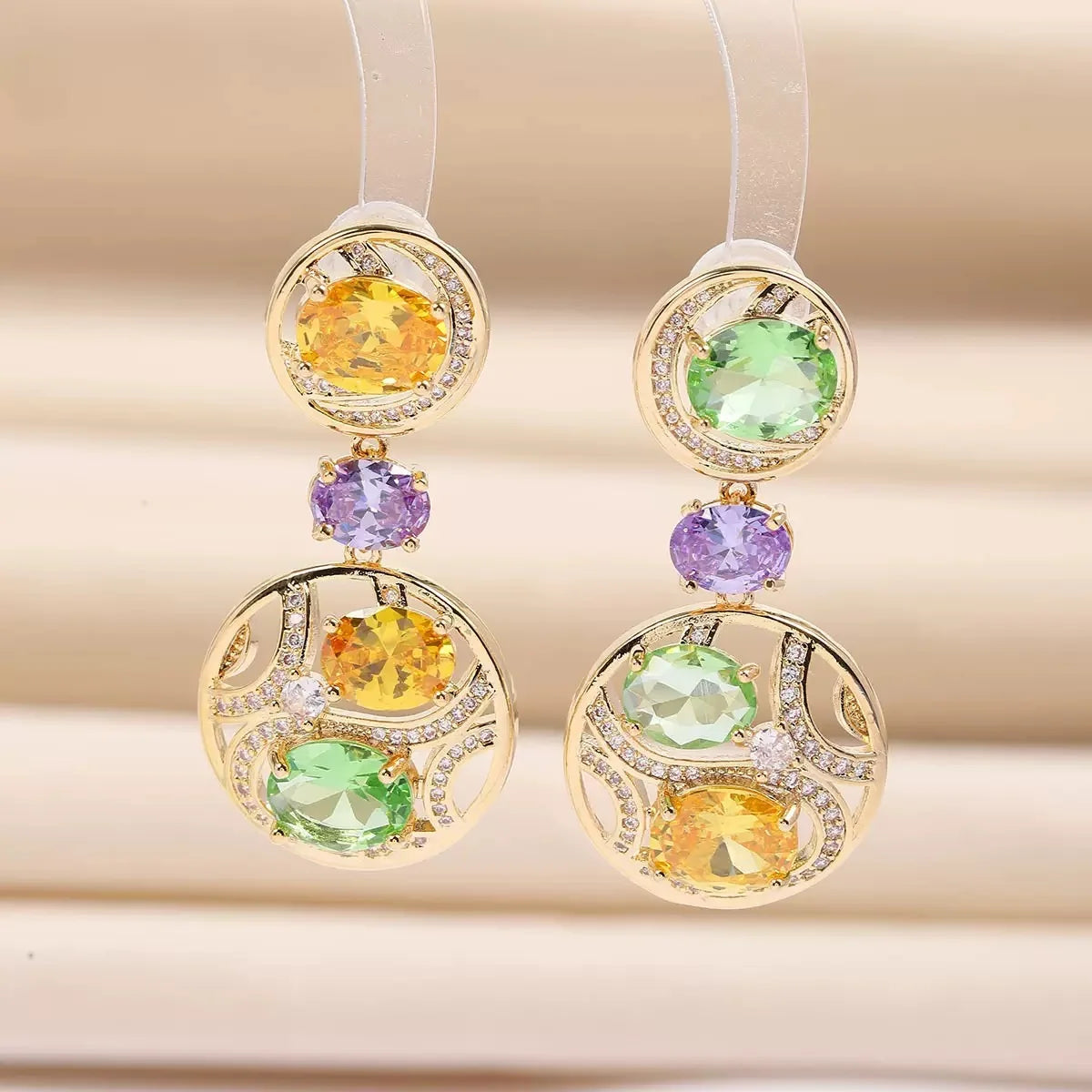Bella Viva Multi Color Oval Cubic Zirconia Necklace and Earring Sets, 18K Gold Plated Brass, Luxury Wedding Bridal Jewelry