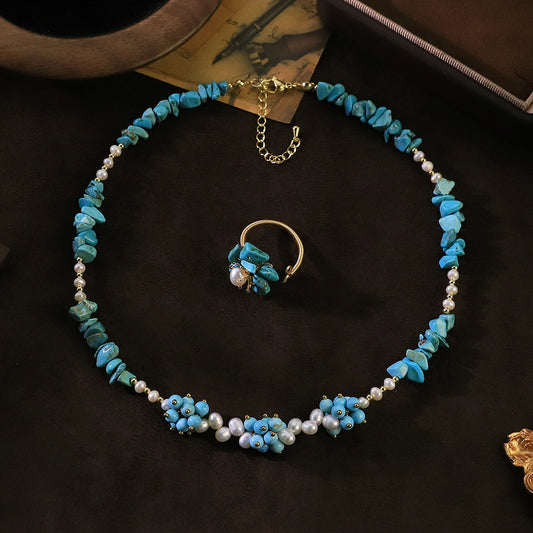 GLSEEVO Natural Pearl & Turquoise Dainty Beaded Necklace & Flower Ring Jewellery Set — Bohemian Style