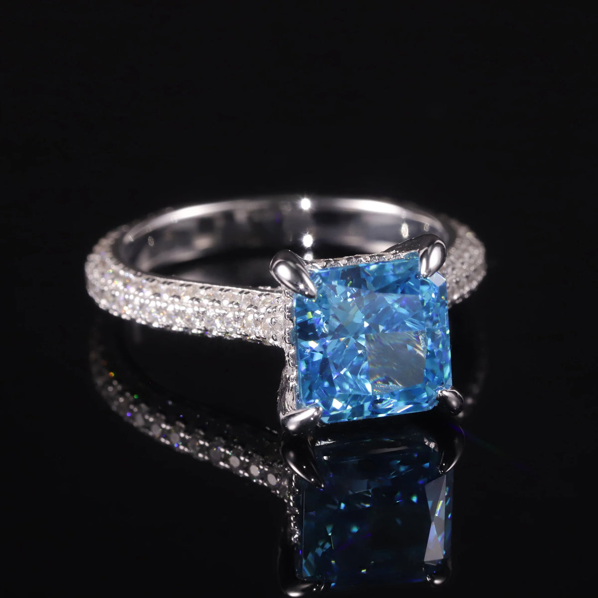 ArtistA AR053 Abiding Luxury Custom Cushion Shape 9x9MM Ice Cut Diamond-fire CZ Aqua Blue Cubic Zirconia Engagement Half Eternity Ring