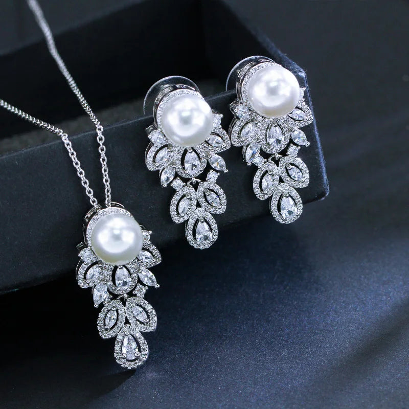 Fashion Brand Long Feather CZ Crystal Silver Plated Simulated Pearl Dangle Earrings and Chain Necklace Jewelry Sets for Women