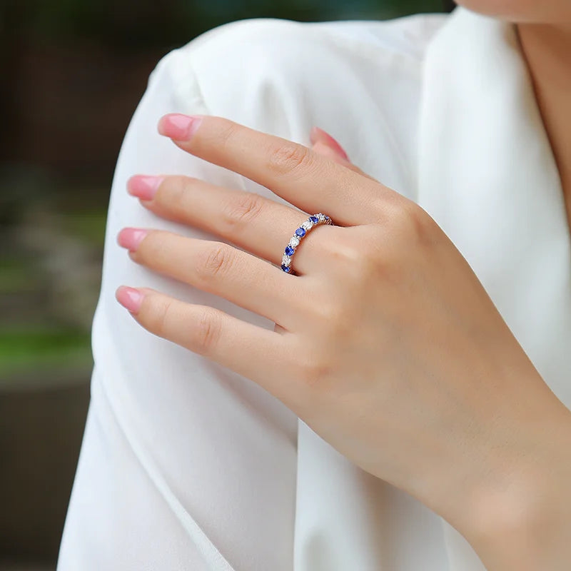 Blue Sapphire and Moissanite Alternating Full Eternity Ring 925 Silver Prong Set Stackable Wedding Band