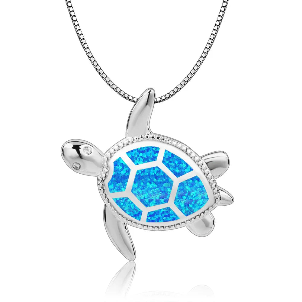 Aobao Christian Copper Silver Plated Blue Opal Animal Turtle Necklace Link Chain Minimalist Pendant for Women Gift