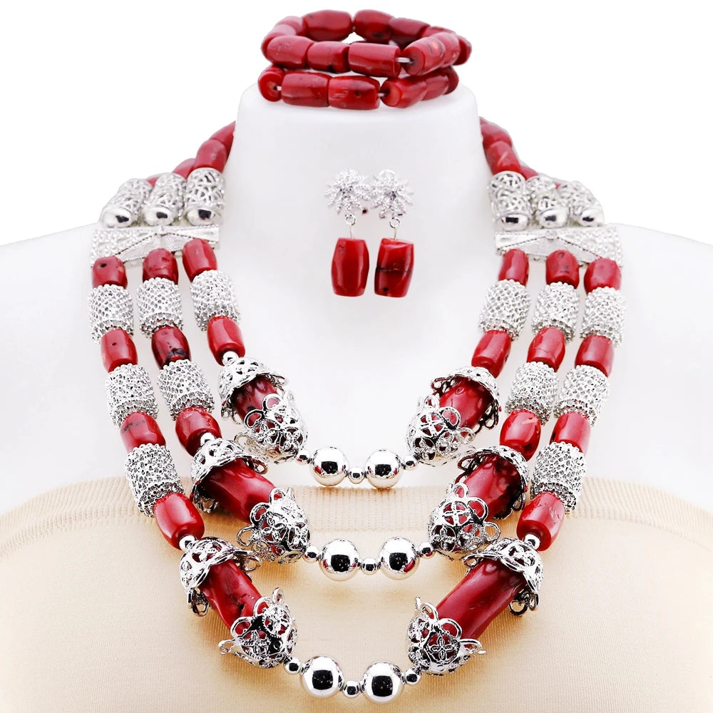 Zhuerrui Elegant Red Coral Beaded Set African Bridal Necklace and Earring Set Suitable for Nigerian Traditional Events YL3119