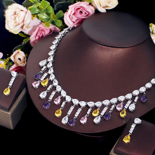 Silver Plated Full Water Drop Multicolor Cubic Zircon Stone Tassel Necklace and Earring Prom Engagement CZ Jewelry Set for Women