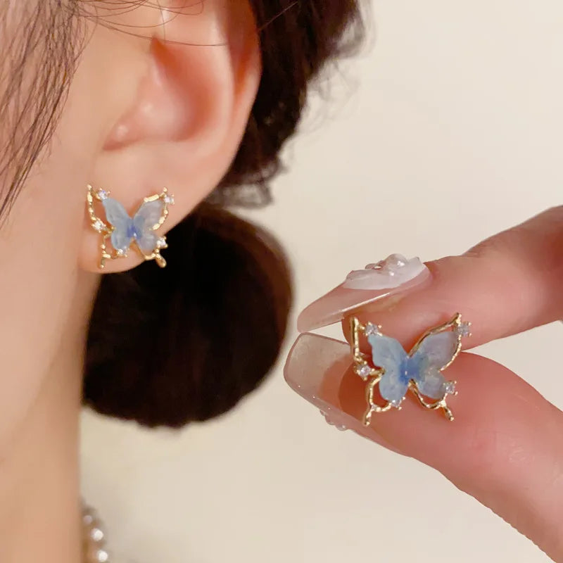 Luxurious Fashion Blue Butterfly Necklace and Earrings Set with Zircon Classic Real Gold Plated Jewelry Set for Women