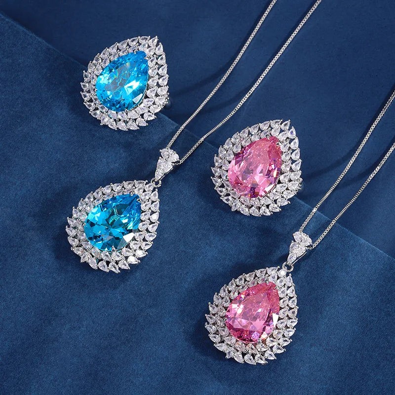 Gemfiori European and American New Light Luxury pink Zircon Pendant Ring High-end Micro Inlaid Water Droplet Shaped Dazzling Jewelry Set