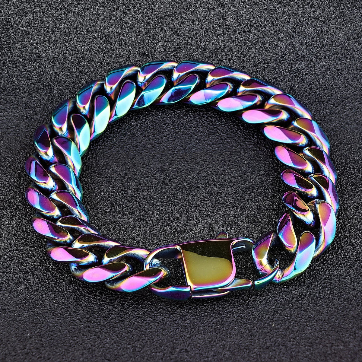 REBEL Custom LOGO Stainless Steel 14mm Black Rainbow Color Big Curb Cuban Miami Cuban Chain Bracelet for Men