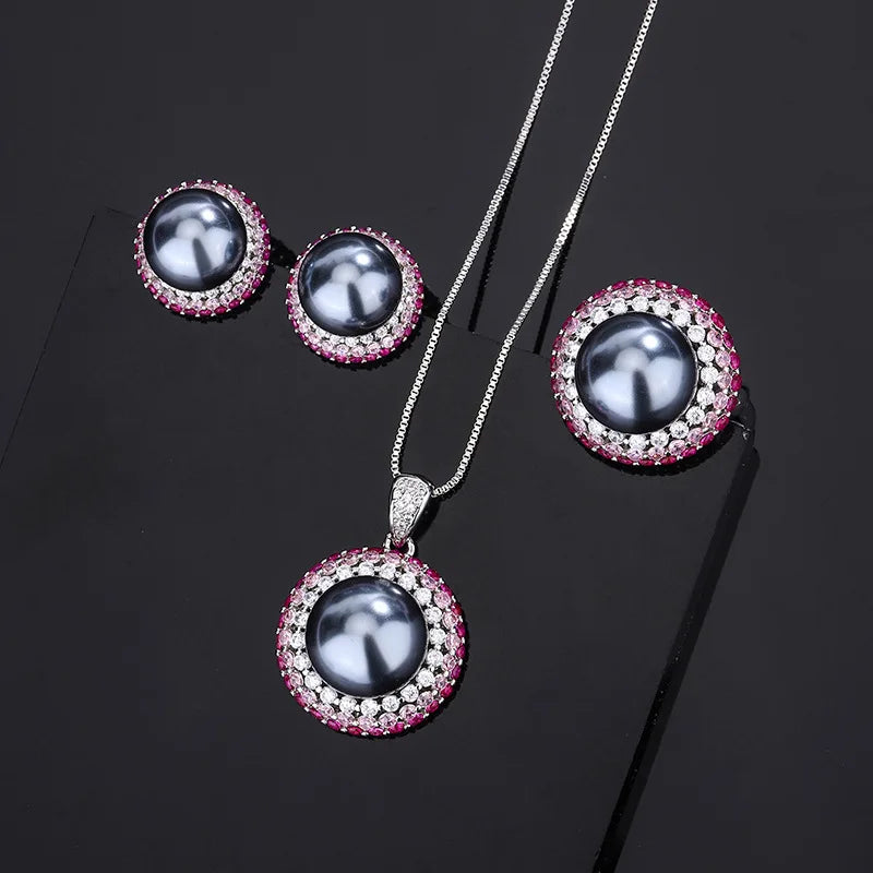 Gemfiori European and American Caibao Inlaid Earring Ring Niche High-end Feeling Gray Pearl Necklace Set Jewelry Set