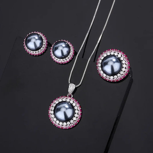 Gemfiori European and American Caibao Inlaid Earring Ring Niche High-end Feeling Gray Pearl Necklace Set Jewelry Set