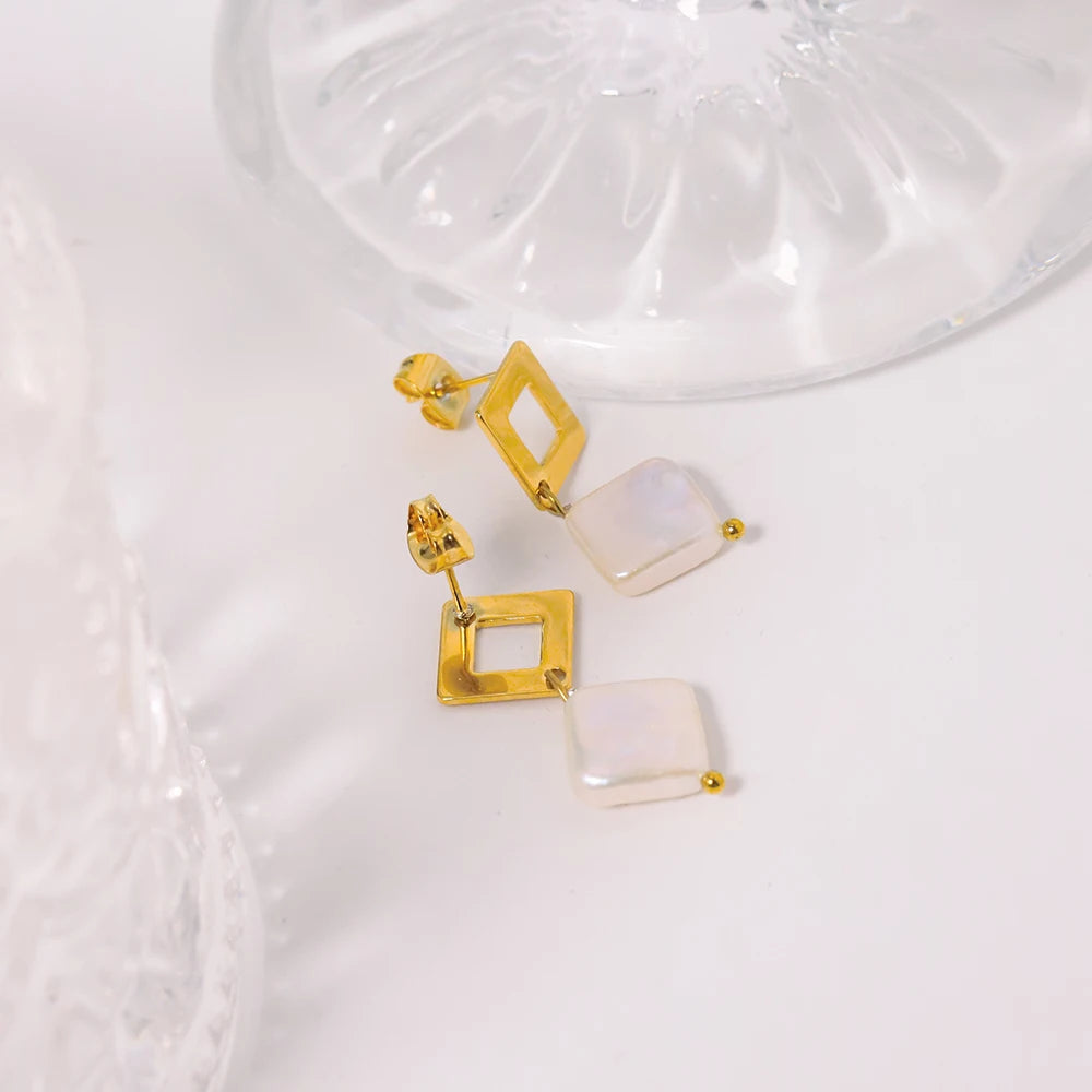 Smooth Hollow Diamond Shape Stainless Steel Drop Earrings for Women Natural Freshwater Pearls No Fade 18K Gold Plated Earring