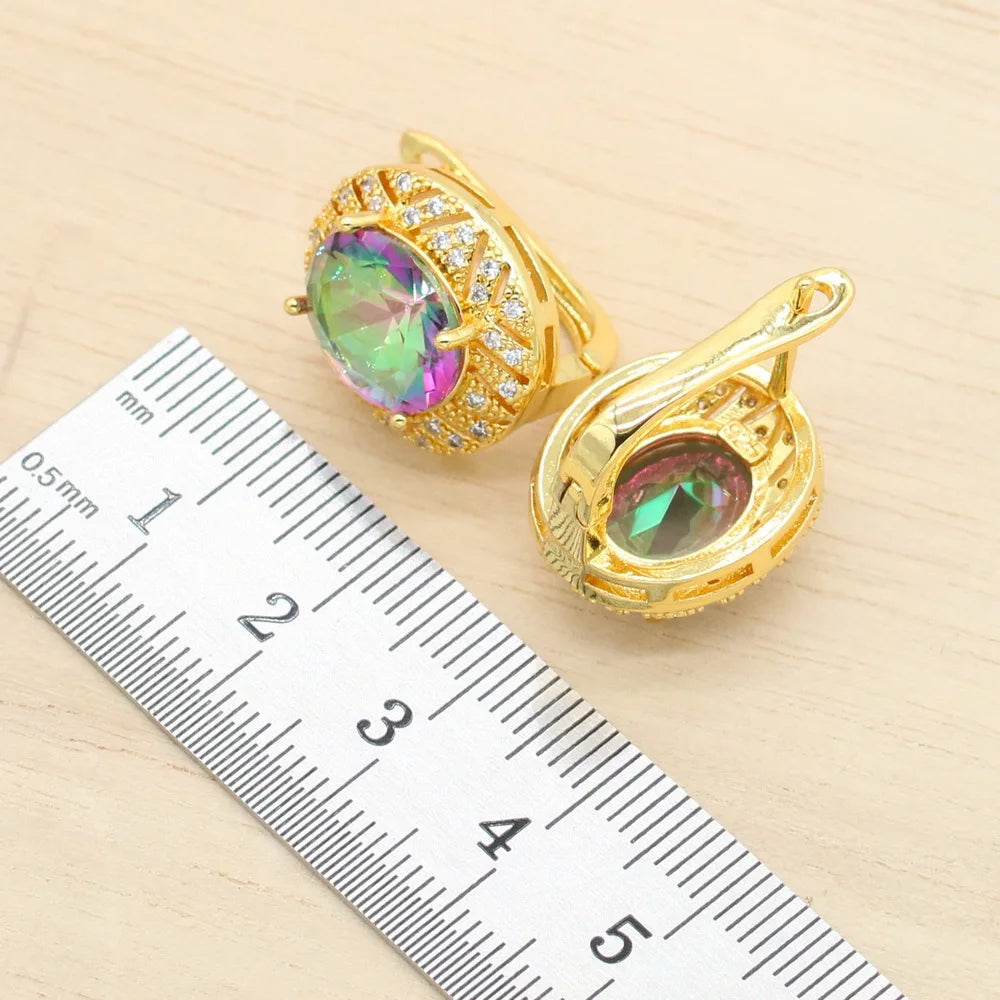 XOTICA Geometric Gold Plated Set for Women Rainbow Stones Alloy Bracelet Hoop Earrings Necklace Ring for Wedding Party Birthday Gift
