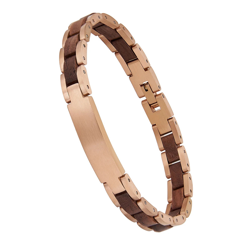 REBEL Custom Brand Logo OEM Men Women Vintage Stainless Steel Chain & Link Eco Friendly Wood Wrist Bracelet Gift