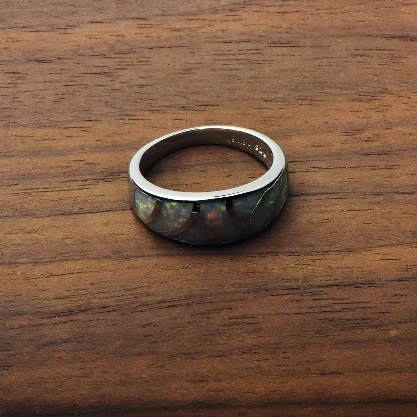 Iridescent Opal Geometric Ring | Sleek Silver Fashion Band
