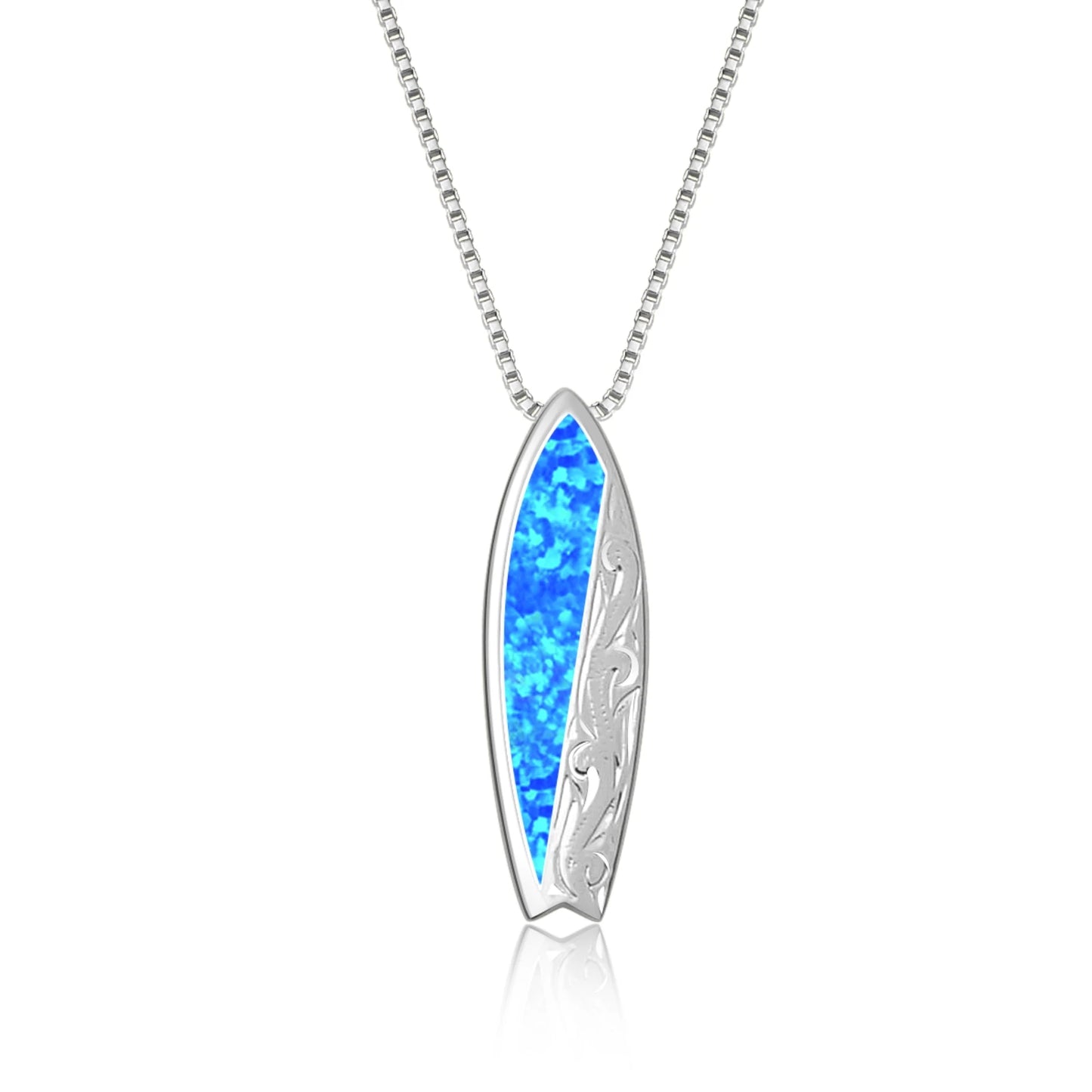Hawaii Beach Surfboard Women's Lab Created Blue Opal Silver Plated Copper Alloy Box Chain Necklace for Anniversary