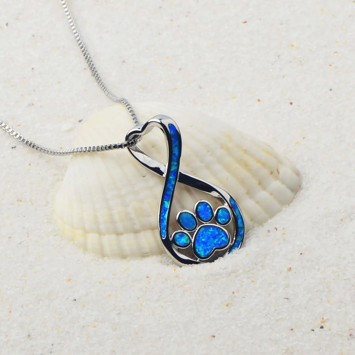 Eternal Pet Paw Opal Pendant Necklace-Blue Fire Opal Infinity Claw Print Design | Copper Silver Plated Pet Memorial Bulk Gift