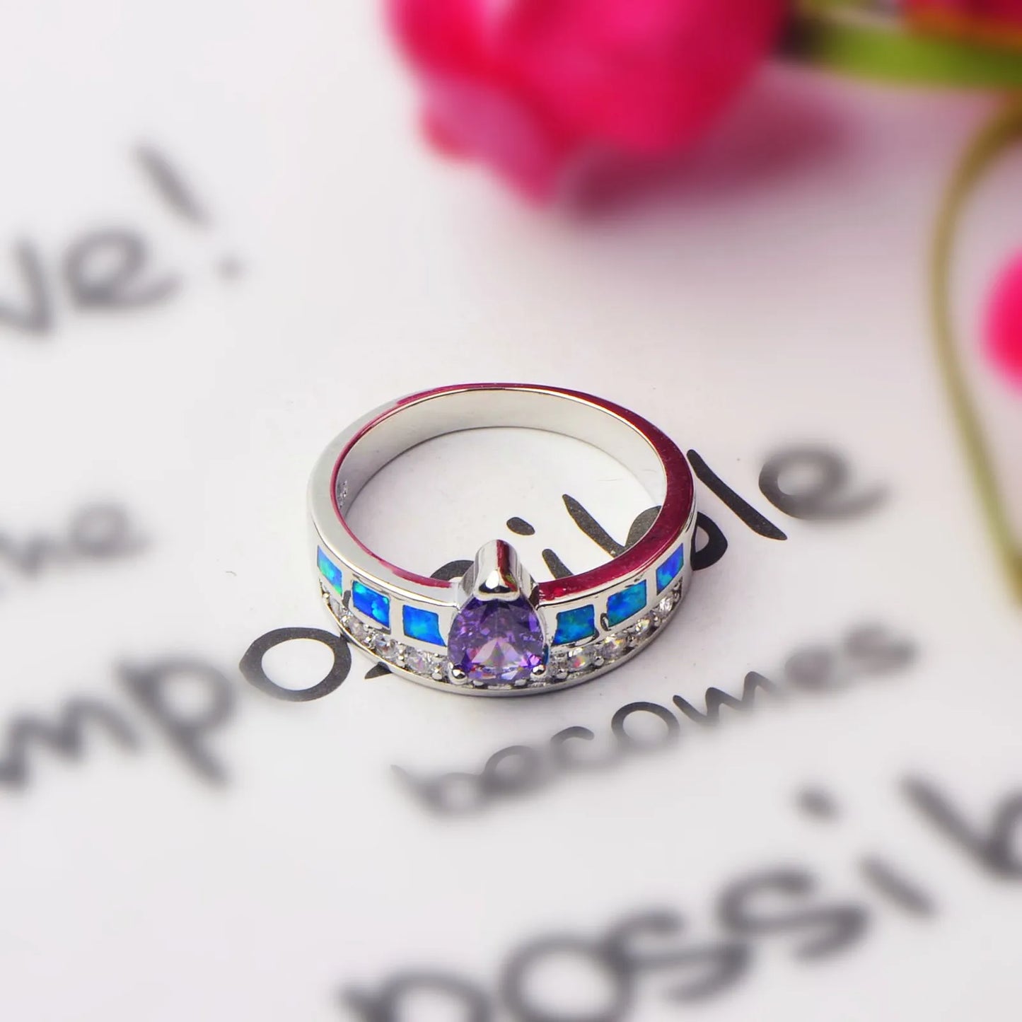 Luxury Teardrop Purple Gem & Blue Opal Ring | Zircon-Accented  Band | Statement Fashion Jewelry for Women Special Occasions