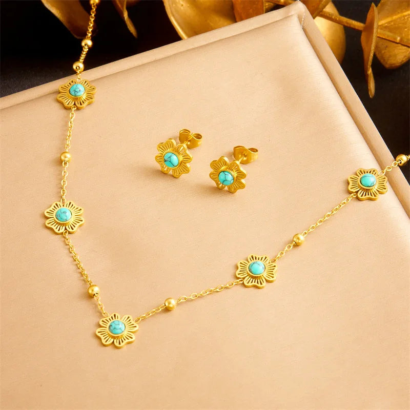 Gold Turquoise Flower Necklace, Earrings & Bracelet Jewellery Set | Boho Luxury Set
