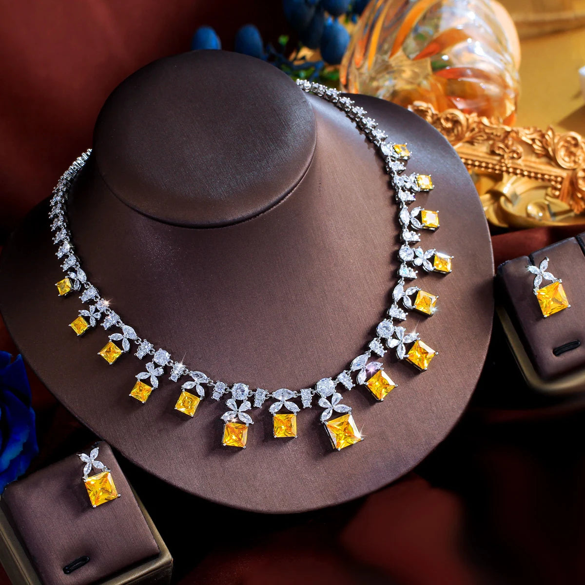Trendy 2pcs Sets Big Square Cubic Zircon Women Luxury Bridal Yellow Jewelry Set for Wedding Anniversaries Annual Dinner Party