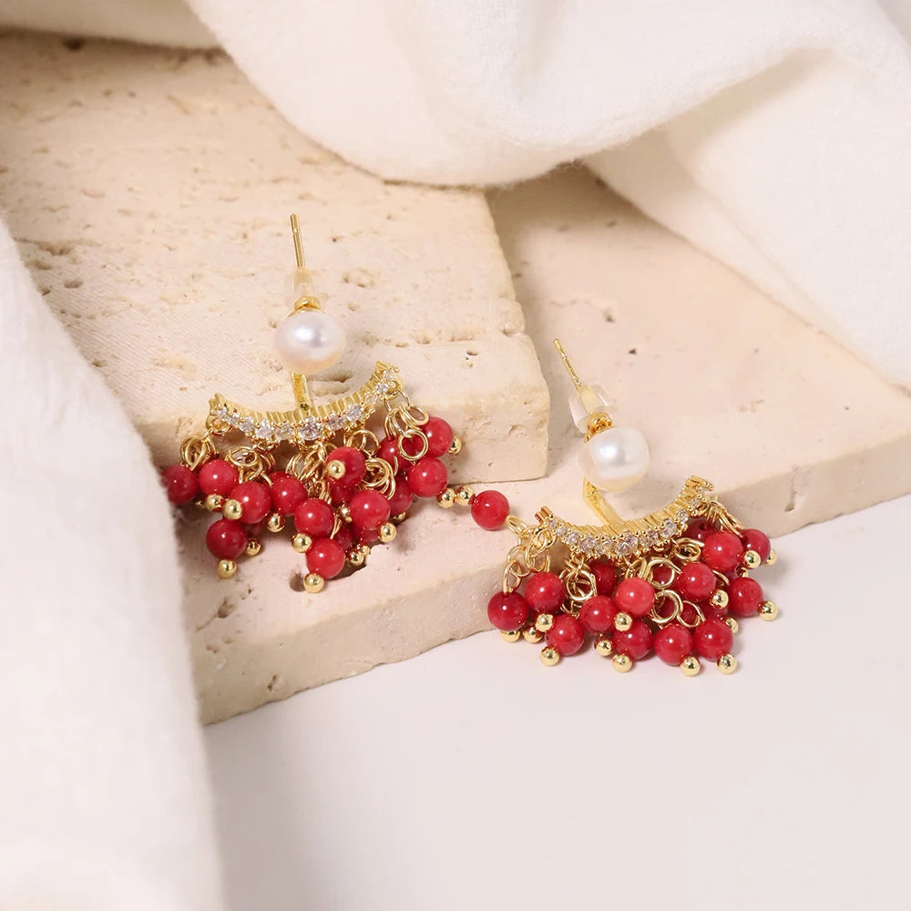 Natural Freshwater Pearl Multi-layer Earrings Coral Turquoise Korean Style Women Luxury Jewelry Fashion Ladies and Girls Gift