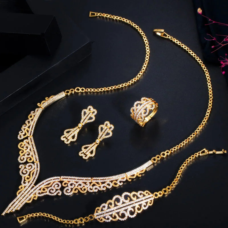 S&S 4-Piece CZ Flower Bridal Jewellery Set – 18K Gold Plated – African & Dubai Style – Collection