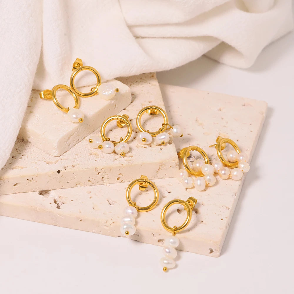 Hypoallergenic Stainless Steel 18K Gold Plated Earrings Freshwater Pearls Baroque Knot Dangling Hoop Earrings for Girls